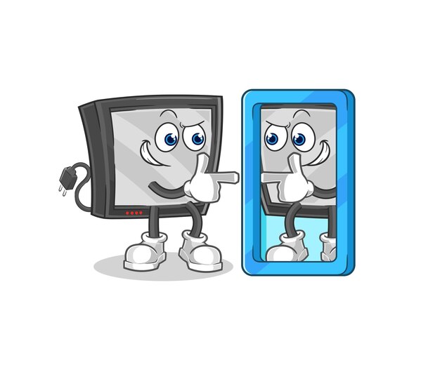Tv mirando en vector de mascota de dibujos animados de dibujos animados de espejo