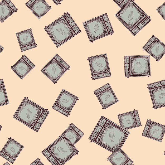 TV retro grabado de patrones sin fisuras Televisión vintage en estilo dibujado a mano