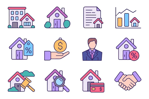 Twelve Minimalist Real Estate Icons Houses Percentage Graph