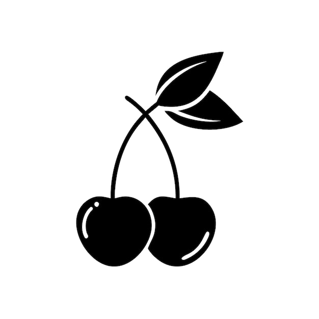 Two black cherries hang with leaves rendered in a simple monochrome silhouette