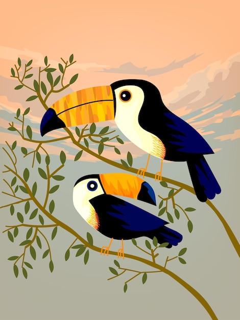 Two cockatoo toucan bird on trees background vector illustration Beautiful bird collection