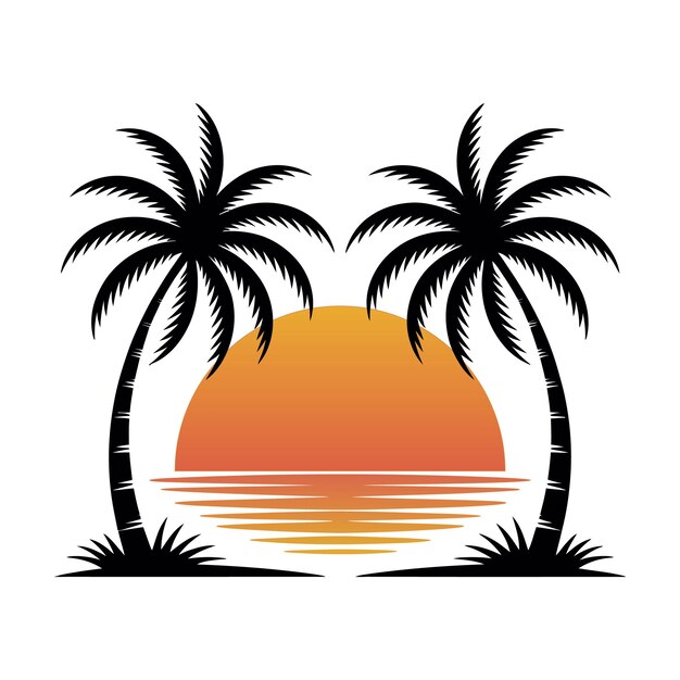 Two silhouette palm trees against a vibrant orange sunset over the ocean