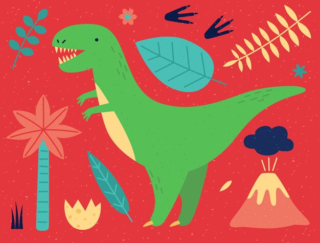 Vector tyrannosaurus rex gruñe y muestra dientes afilados el volcán fuma la palma crece la hoja vuela