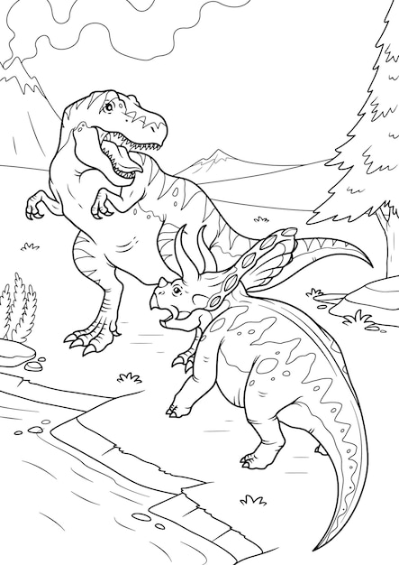 Tyrannosaurus rex vs triceratops Arte lineal de dinosaurio para colorear página ilustración vectorial