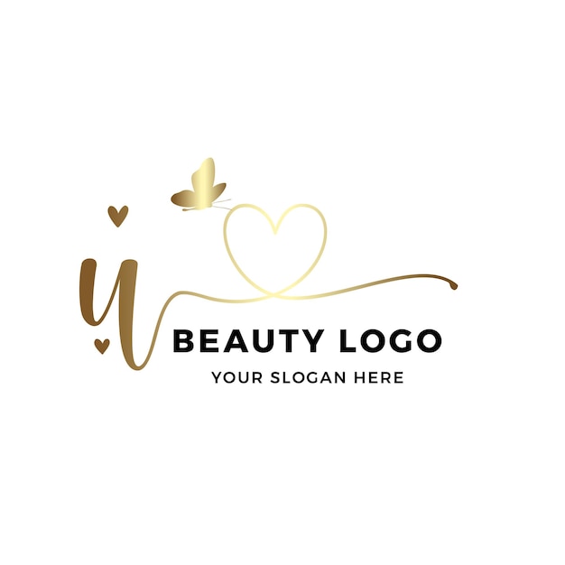 Vector u diseño de logotipo inicial, negro y dorado, logotipo de diamante, logotipo de brillo dorado, belleza, boutique