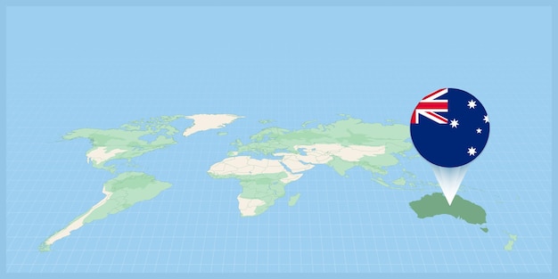 Ubicación de Australia en el mapa del mundo marcada con el pin de la bandera de Australia