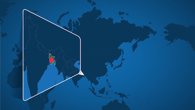 Ubicación de bangladesh en el mapa mundial con mapa ampliado de bangladesh con bandera