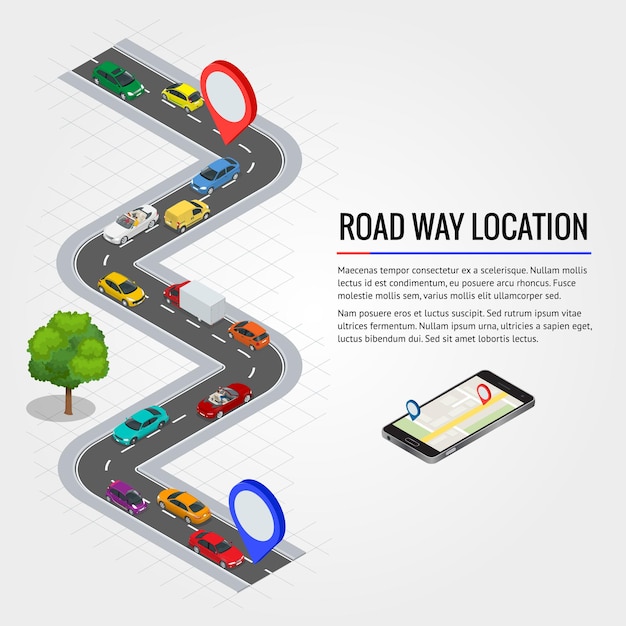Ubicación de la carretera y navegación gps móvil. Plano isométrico de alta calidad transporte urbano coche urbano público y transporte de mercancías para infografías.