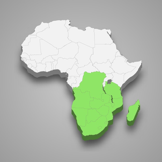 Ubicación de la comunidad de desarrollo del sur de áfrica dentro de áfrica mapa isométrico 3d