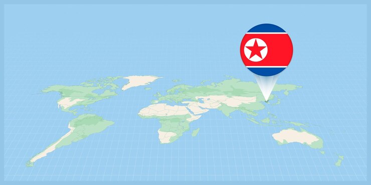 Vector ubicación de corea del norte en el mapa del mundo marcada con el pin de la bandera de corea del norte