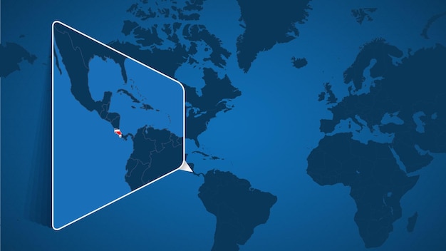 Ubicación de costa rica en el mapa mundial con mapa ampliado de costa rica con bandera