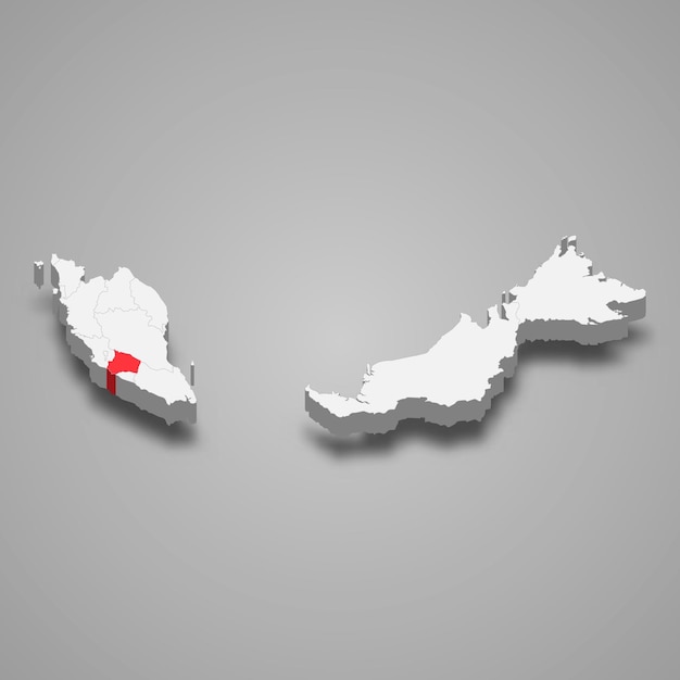 Ubicación del estado de Negeri Sembilan dentro de Malasia Mapa isométrico 3d