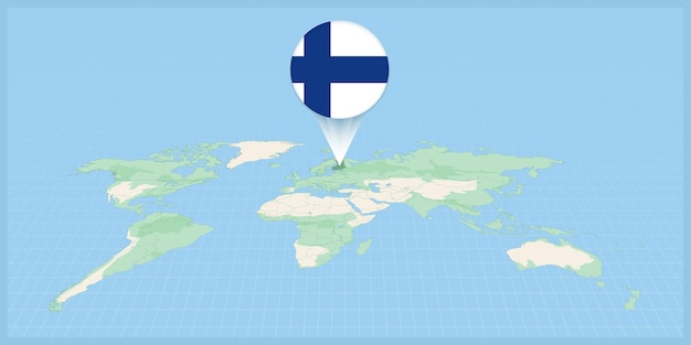 Ubicación de Finlandia en el mapa mundial marcada con el pin de la bandera de Finlandia