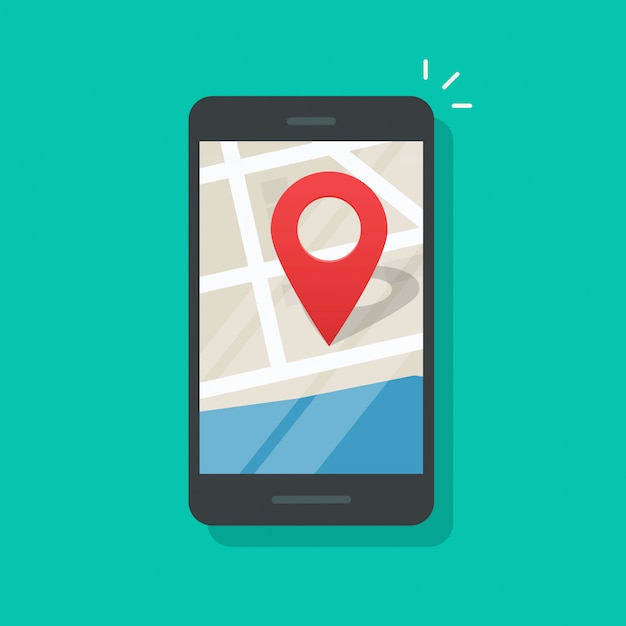Ubicación geográfica del teléfono móvil en smartphone gps navigator mapa de la ciudad vector de dibujos animados plana