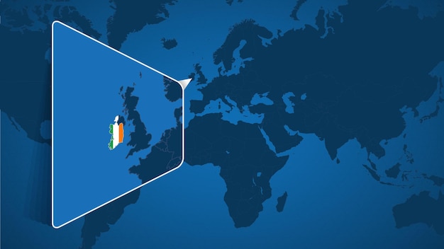 Ubicación de Irlanda en el mapa mundial con mapa ampliado de Irlanda con bandera