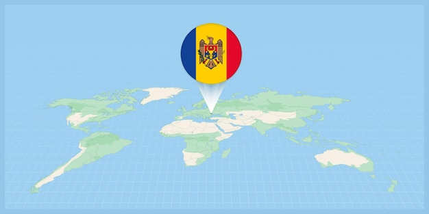 Ubicación de Moldavia en el mapa mundial marcada con el pin de la bandera de Moldavia