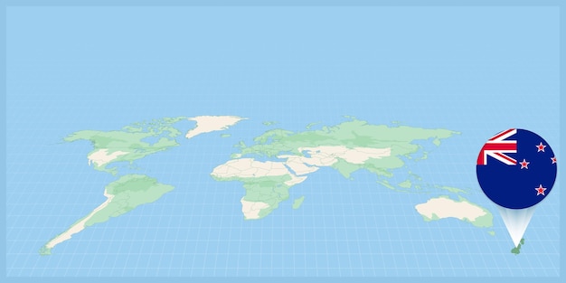 Ubicación de Nueva Zelanda en el mapa del mundo marcada con el pin de la bandera de Nueva Zelanda