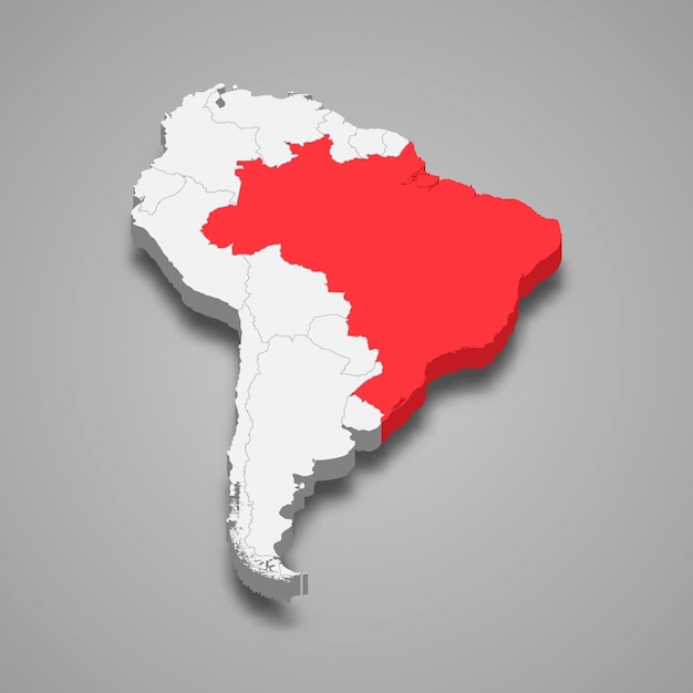 Ubicación del país de Brasil dentro del mapa 3d de América del Sur