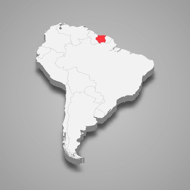 Ubicación del país de Surinam dentro del mapa 3d de América del Sur