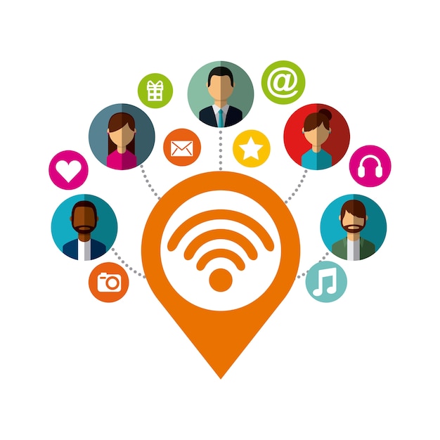 Ubicación de pin con wifi e iconos de redes sociales