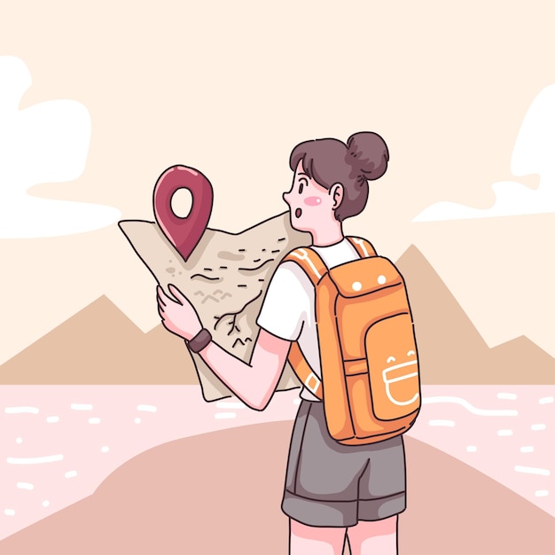 Ubicación del punto de control de la mochila del viajero joven en el mapa, ilustración plana del personaje de dibujos animados