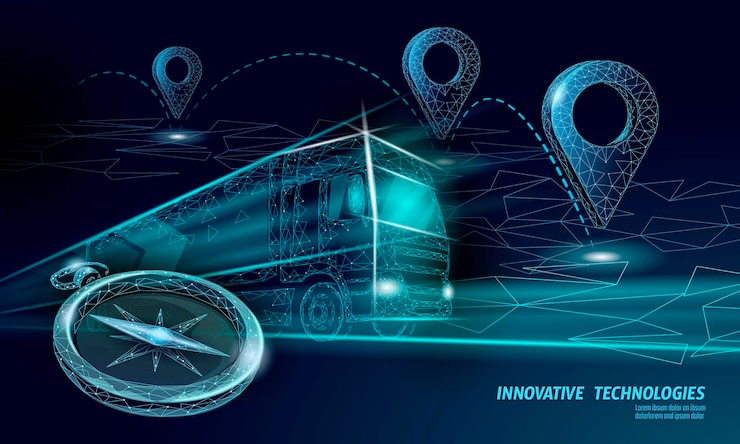 Vector ubicación del punto del mapa 3d. coche de camión de entrega poligonal realista en todo el mundo. pin de posición de dirección de compras online de envío.