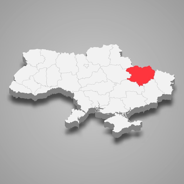 Ubicación de la región del Óblast de Kharkiv dentro del mapa 3d de Ucrania