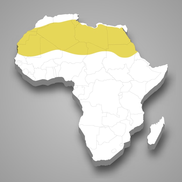 Vector ubicación de la región del sáhara dentro de áfrica mapa 3d