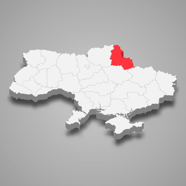Vector ubicación de la región de sumy oblast dentro del mapa 3d de ucrania