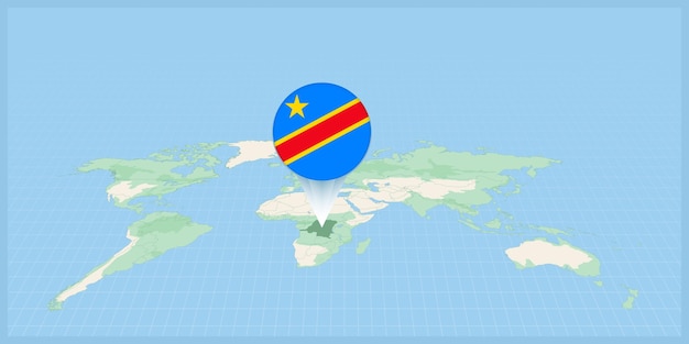 Vector ubicación de la república democrática del congo en el mapa mundial marcada con el pin de la bandera de la república democrática del congo