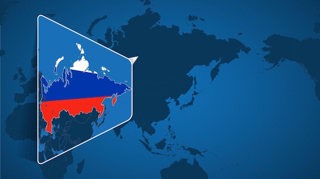 Ubicación de Rusia en el mapa mundial con mapa ampliado de Rusia con bandera