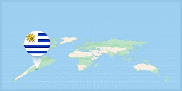Vector ubicación de uruguay en el mapa del mundo marcada con el pin de la bandera de uruguay