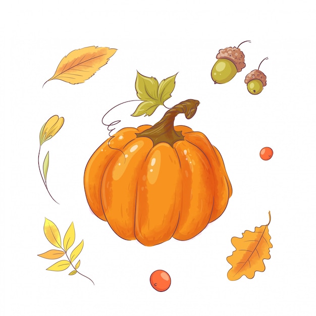 Vector ubicado en el estilo de dibujo a mano de calabaza, otoño y hojas.