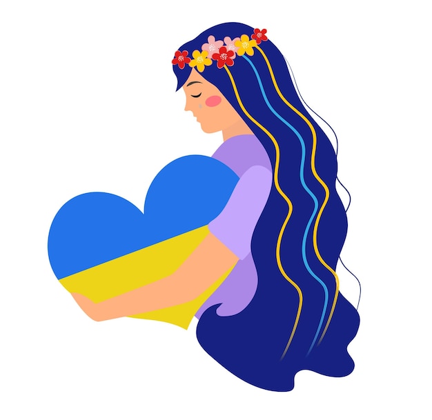 Vector ucrania joven llorando mujer ucraniana abrazando corazón bandera ucraniana póster ilustración vectorial