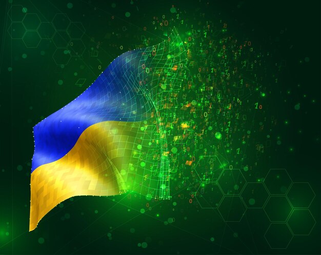 Ucrania, vector bandera 3d sobre fondo verde con polígonos y números de datos