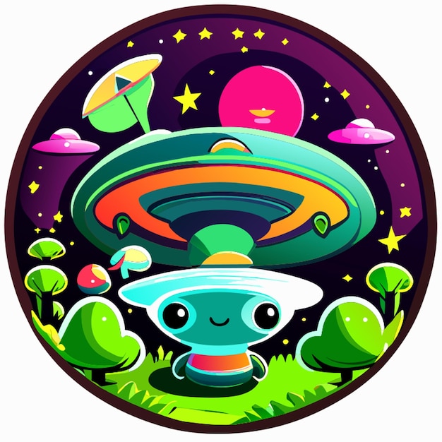 Vector ufo platillo volador lindo enmarcado en el círculo ilustración vectorial