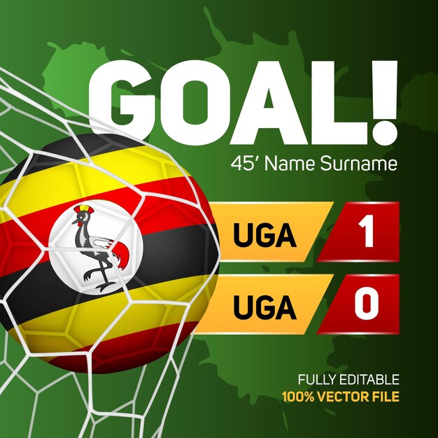 Uganda bandera fútbol fútbol pelota maqueta puntuación gol marcador banner 3d vector ilustración