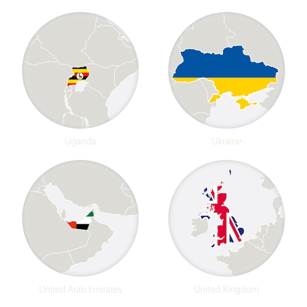 Uganda, ucrania, emiratos árabes unidos, reino unido mapa de contorno y bandera nacional en un círculo. ilustración de vector.