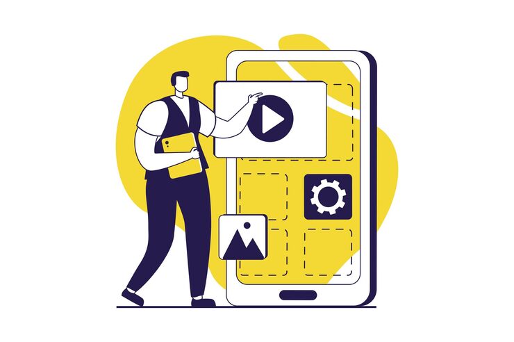 Vector ui and ux designers web concept with flat people for website design man creating layout interface and menu for mobile application building menu structure doing template vector illustration