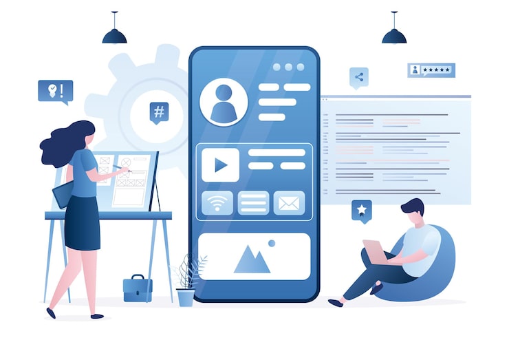 Vector ui designer creates structure of information blocks of mobile app programmer writes application code