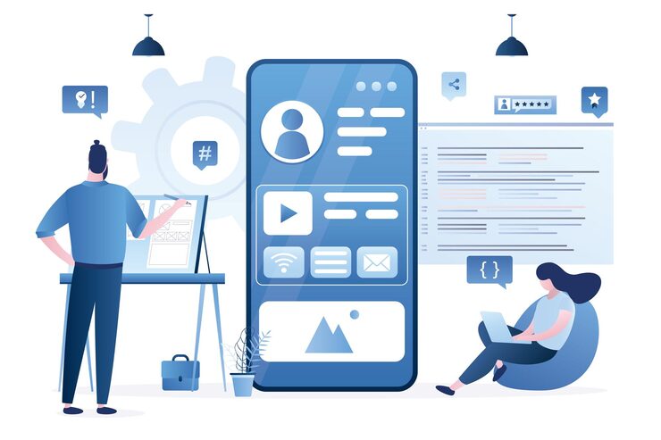 Vector ui designer creates structure of information blocks of mobile app programmer writes application code