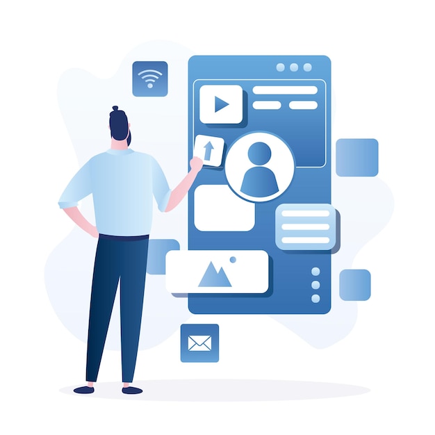 UI designer or programmer creates structure of information blocks in application Coding development