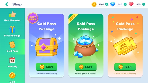UI Game Pass Elementos de la interfaz del juego Diseño colorido de dibujos animados Kit de interfaz de usuario aislado