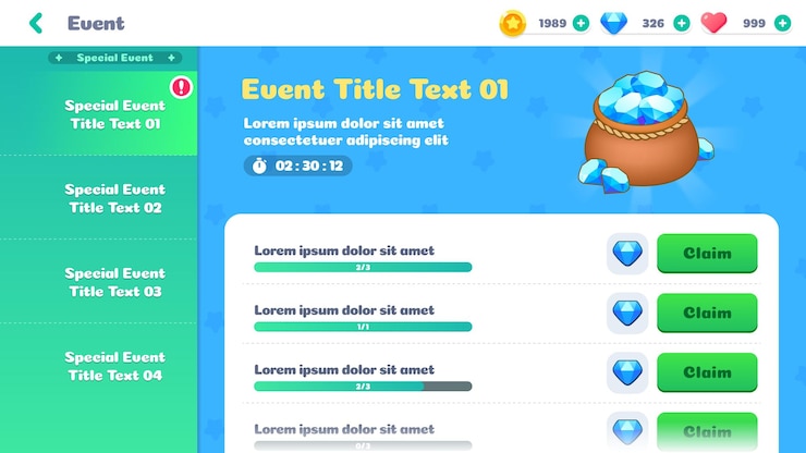Vector ui de juego evento elementos de interfaz de juego diseño colorido de dibujos animados kit de ui aislado