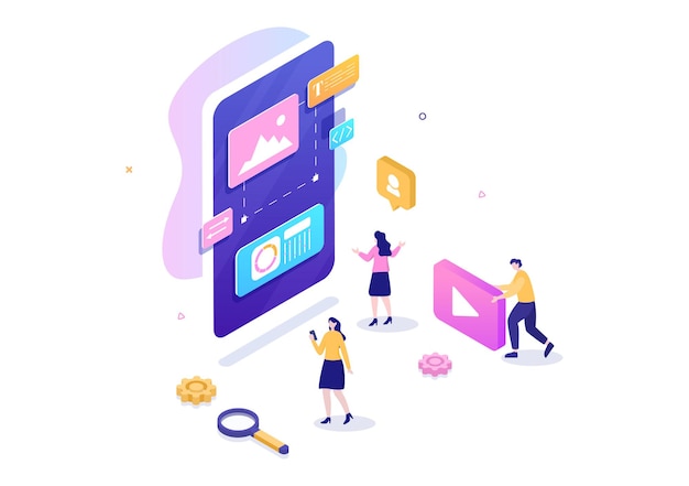UI & UX Programmer Flat Design Vector Illustration para información empresarial e ideas para compartir en equipo con diseñador, codificación, interfaz o desarrollo de aplicaciones de software