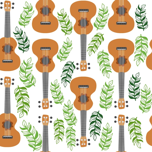 Ukelele de patrones sin fisuras ukelele Patrón con monstera deja inscripciones de notas de flores