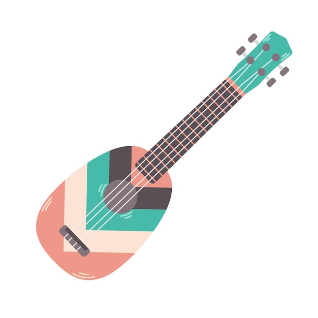 Ukelele con rayas de colores aisladas sobre fondo blanco Instrumento musical de cuerda Ilustración de dibujos animados vectoriales