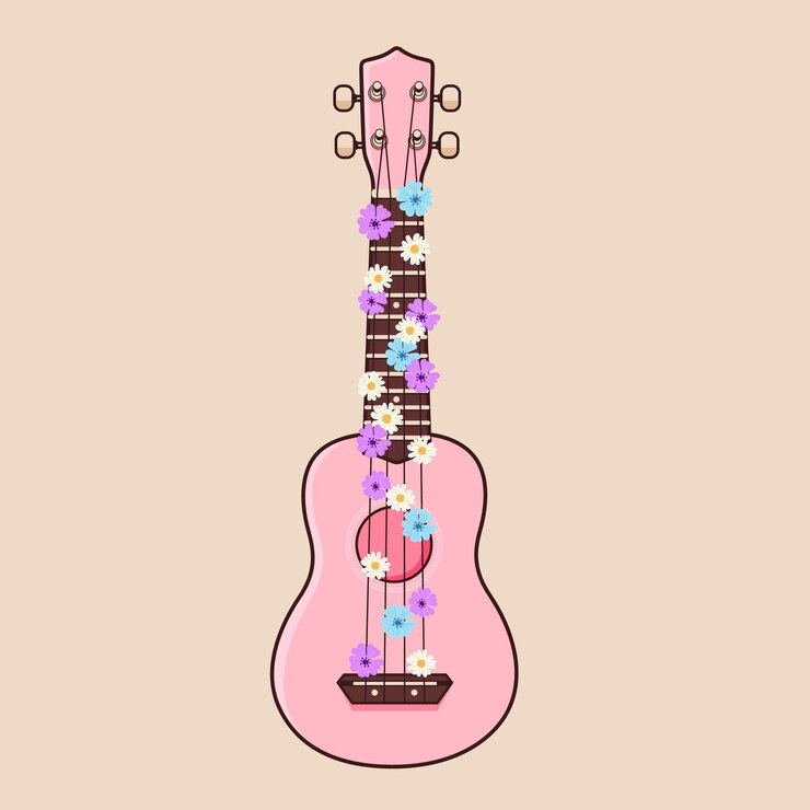 Un ukelele rosa con flores.