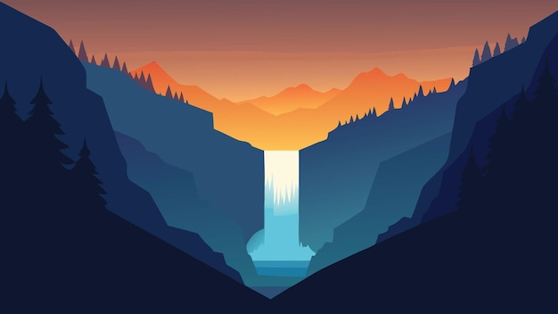 La última luz del sol ilumina la cascada de agua pura en el Parque Nacional de Plitvice Ilustración vectorial plana