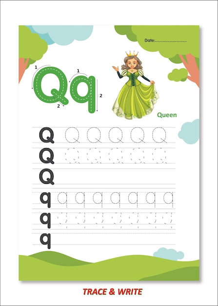 Último recurso vectorial para Q para Queen Letters Trace and Write para niños